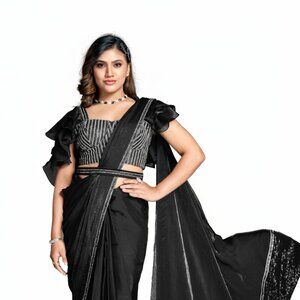 Elegant Black Satin Silk Designer Saree with Ruffle Sleeve Blouse